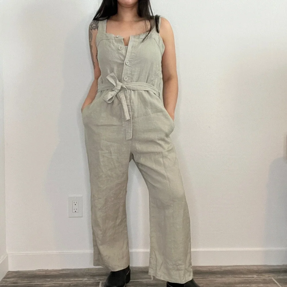 Everlane Linen Jumpsuit Women Size 6 Sage Green Button Front Tie Waist Wide Leg